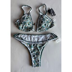 BikinX Women Floral Triangle Bikini Set Green Yellow Scalloped Trim M Cheeky NWT